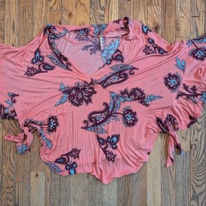 Free People Coral and Blue Floral Blouse